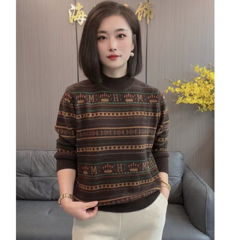 Thickened Half-High Collar Jacquard Long-Sleeve Knit Base Shirt for Women, New Autumn and Winter Fashion Sweater for Moms, Outerwear Top