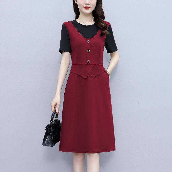 Fake Two-Piece Fashionable Age-Reducing Dress, New Summer Short-Sleeved Stylish Top, Round Neck Internet Celebrity Mid-Length Skirt for Women