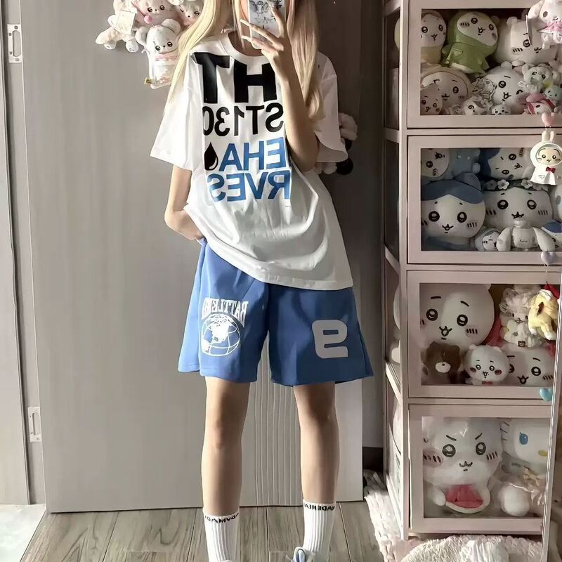 Klein Blue Printed Shorts for Women, Summer Design, Straight-Leg Knee-Length Shorts, American Style, 2026 New Sports Basketball Shorts