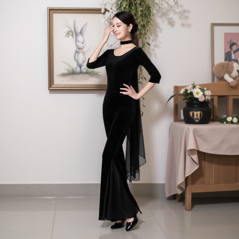 Burgundy Velvet Bodysuit Elegant Women's One-Piece Autumn and Winter Runway Long-Sleeved Adult Dance Costume