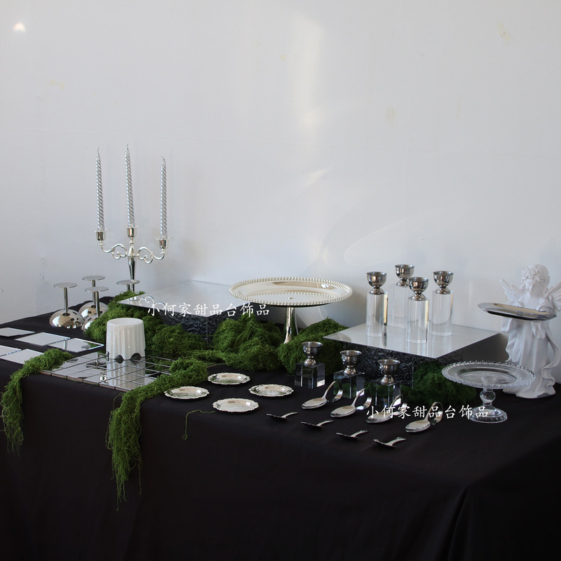 White and Green Color Scheme, Old Money Style Dessert Table Display Stand, Silver Dessert Table, Dark Forest Style Wedding Table Setting