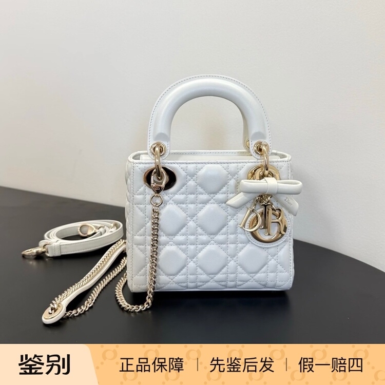【Kkkk】Dior Lady Dior Three-Compartment Princess Diana Bag Bowknot Handbag Mini Off-White