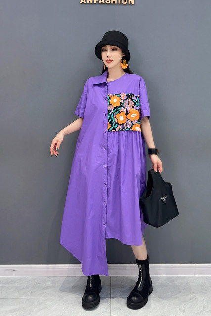 2024 new summer dress short-sleeved splicing irregular long shirt skirt literary style loose fashionable women's clothing