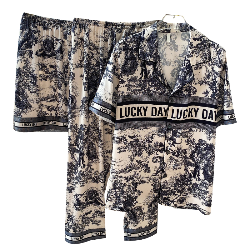 Couple's Three-Piece Pajama Set for Men and Women, Summer Loose Fit, 2025 High-End Casual Short-Sleeve Shorts and Long Pants Loungewear