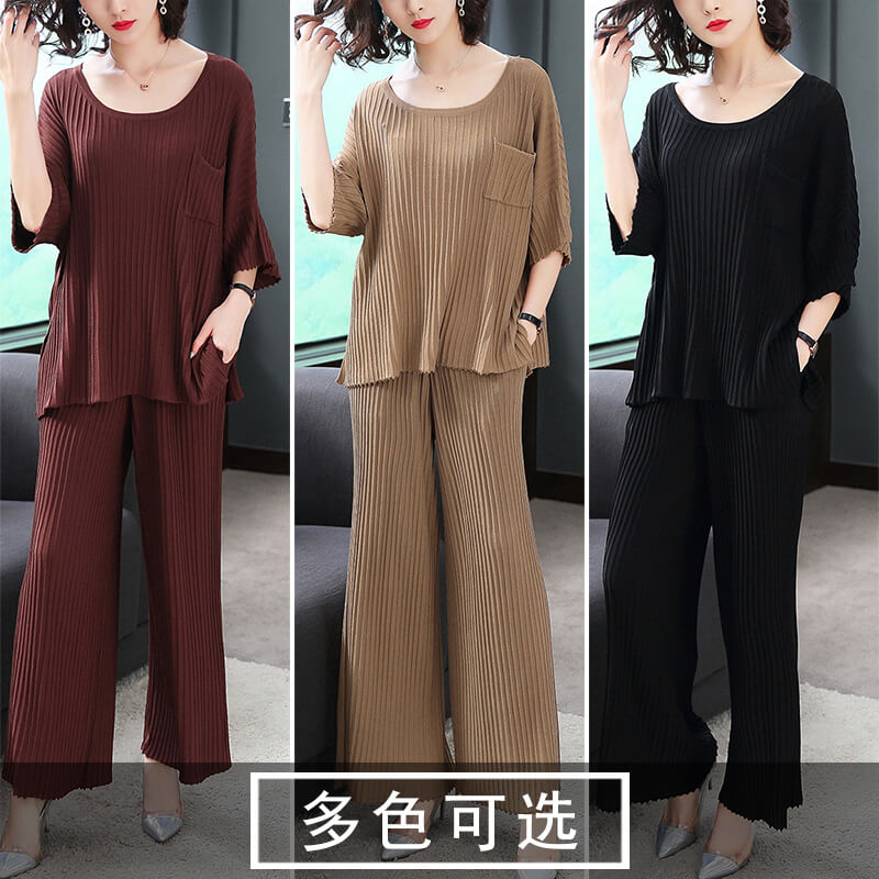 Casual style lụa băng hai mảnh quần rộng chân lỏng lẻo vừa vặn kích thước chương mỏng mỏng thấp cổ đan bộ áo phụ nữ hàng đầu của