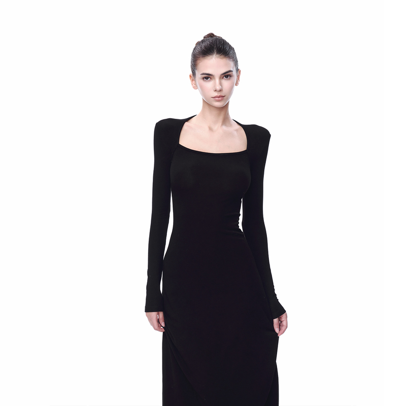 Jlaunt Square-Neck Long-Sleeve Dress for Women, Autumn and Winter, Slim Fit, Waist-Cinching, Bodycon Dress, Long Dress