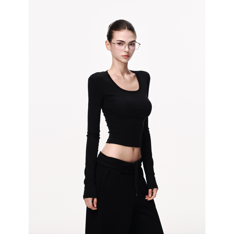 Jlaunt Black Long-Sleeved T-Shirt for Women, Early Autumn, Slim Fit, Short Style, Inner Layer, American Style, Knitted Top