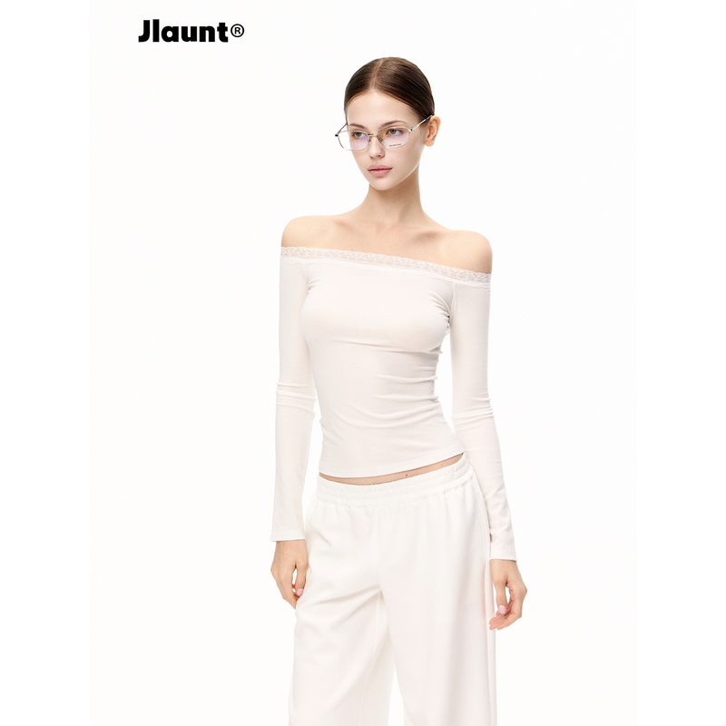 Jlaunt White Off-Shoulder T-Shirt for Women, Autumn Slim Fit, Slimming Base Layer, Off-Shoulder Lace Patchwork Long-Sleeve Top