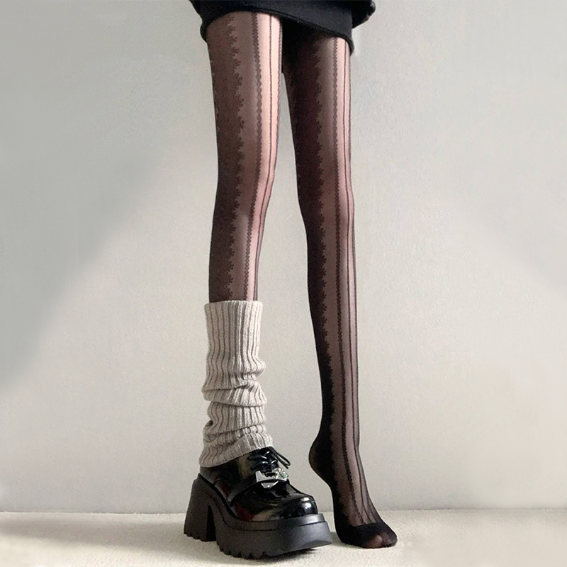 Retro Patterned Black Stockings Autumn and Winter Lace Stripesd Pantyhose Women's Y2K Personalized Stacked Calf Socks