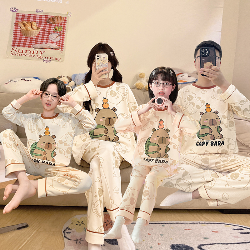 Kapibala Family Matching Pajamas, New Spring and Autumn Long-Sleeved Pure Cotton Children's Home Wear for a Family of Three, Mother-Daughter, Sister-Brother
