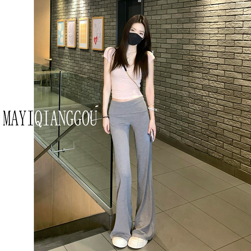 175 Tall Women's Extra-Long American Retro Gray Flared Sweatpants Summer Floor-Length Sports Casual Yoga Pants