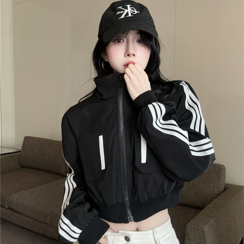 American-Style Color-Block Striped Stand-Up Collar Short Workwear Jacket for Women, Spring and Autumn Petite Baseball Jacket, Biker Jacket Top