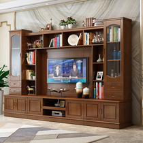 Chinese solid wood TV cabinet combination wall cabinet modern minimalist living room small apartment overall background wall video cabinet integrated