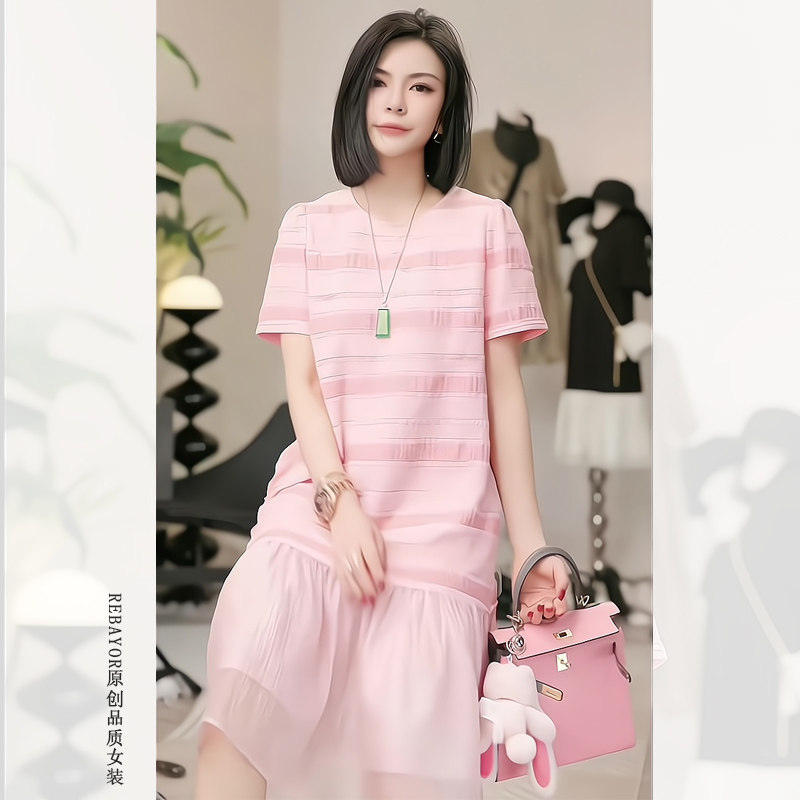 欧货高级感气质显瘦女装连衣裙新款粉色减龄圆领拼接设计感裙，穿出女神范儿 -防晒腿套-淘宝好物网