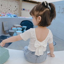 Girls pure cotton short sleeve T-shirt foreign air 2022 New baby Summer fit Han version of dew back butterfly knot half sleeve blouse