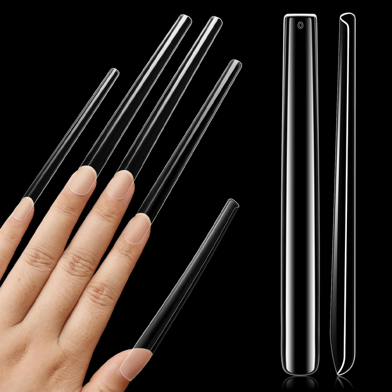 Extended Straight Tube Water Pipe Square Tip Nail Tips, Fully Transparent, Long Style, Full Coverage French Extension Fake Nails, 12 Sizes, 5XL