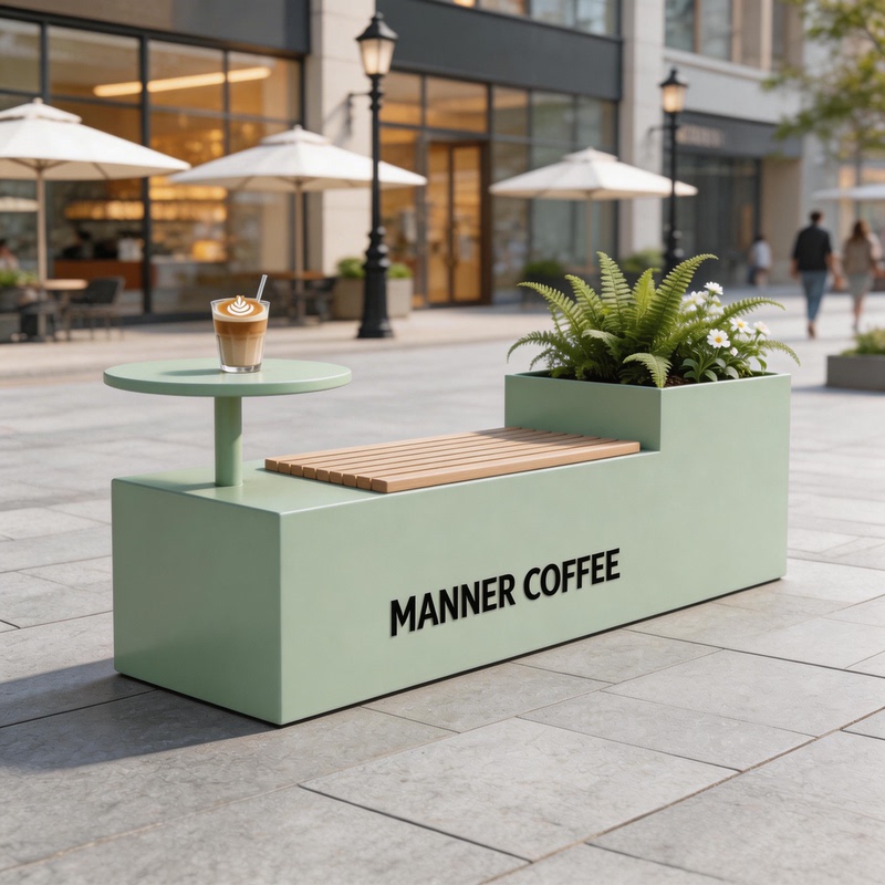 Outdoor Flower Box with Integrated Bench for Coffee Shop Entrance, Outdoor Partition for Commercial Street Scene, Iron Art Flower Box with Bench Outdoor Flower Box with Integrated Bench for Coffee Shop Entrance, Outdoor Partition for Commercial Street Scene, Iron Art Flower Box with Bench