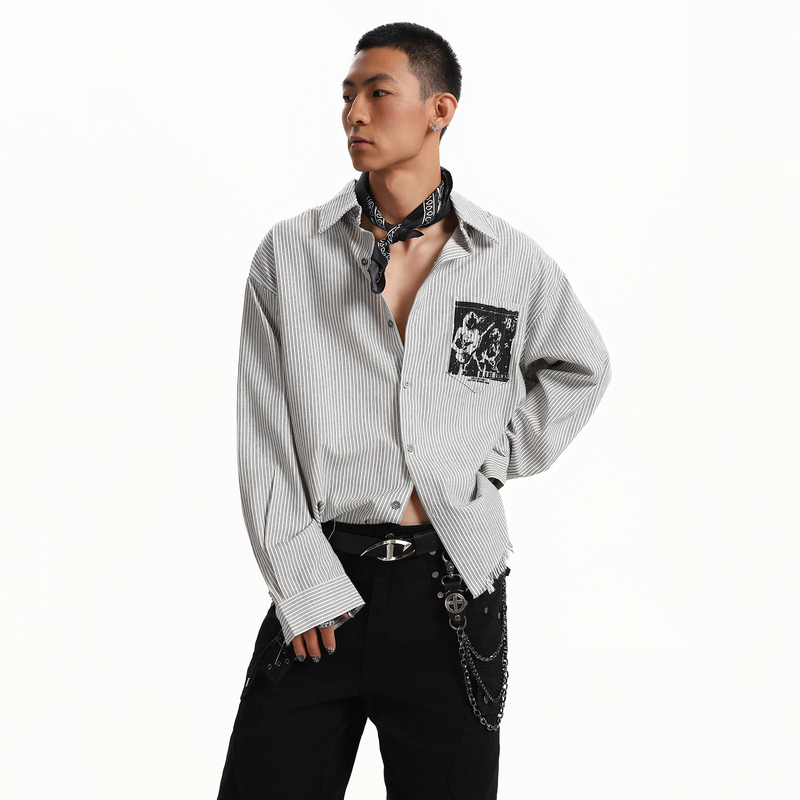 Betebule Punk Style Personalized Printed Striped Long-Sleeved Shirt Men's Autumn American Retro Subculture Loose Shirt Betebule Punk Style Personalized Printed Striped Long-Sleeved Shirt Men's Autumn American Retro Subculture Loose Shirt