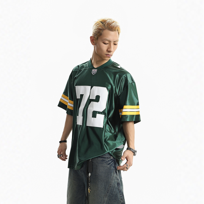 Betebule American High Street Jersey Patch Embroidered Baseball Collar Short-Sleeved T-Shirt Men's Summer Couple Loose Sports Top