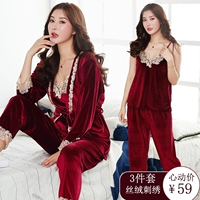 Bộ đồ ngủ bằng nhung vàng cho phụ nữ mùa thu và mùa đông váy gợi cảm váy ba dây mùa xuân và mùa thu Hàn Quốc của dịch vụ nhà dài tay có thể được mặc thời trang mặc nhà nam nữ