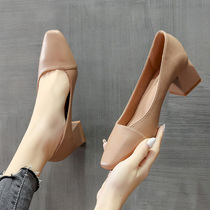 Meilila square head thick heels women 2021 new small leather shoes shallow soft leather comfortable middle heel shoes