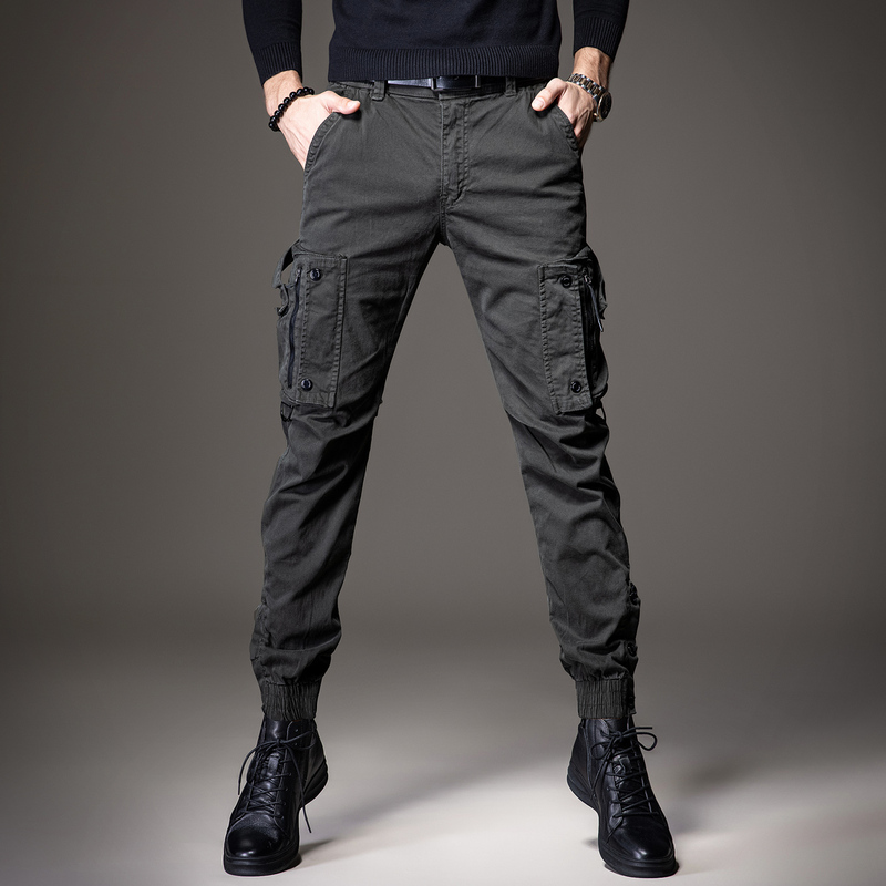 Spring and Autumn Trendy Brand Work Pants for Men, Outdoor Wear-Resistant New Slim-Fit Jogger Pants, American Style Multi-Pocket Casual Pants for Men