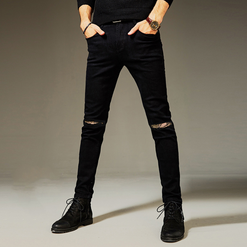 Men's Black Ripped Cropped Jeans, Korean Style, Trendy New Spring/Autumn Slim Fit Casual Jeans Men's Black Ripped Cropped Jeans, Korean Style, Trendy New Spring/Autumn Slim Fit Casual Jeans