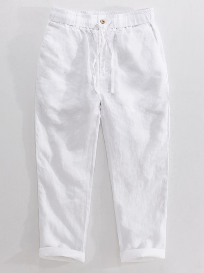 High-End Pure Linen Textured Wide-Leg Straight Pants for Men, Elastic Waist Drawstring Casual Pants, Drapey Full Linen Long Pants