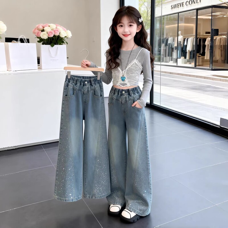 Children's Rhinestone-Embellished Jeans 2026 New Style Girls' Spring Fashion Unique and Super Stylish Spring Street-Style Long Pants for Older Girls