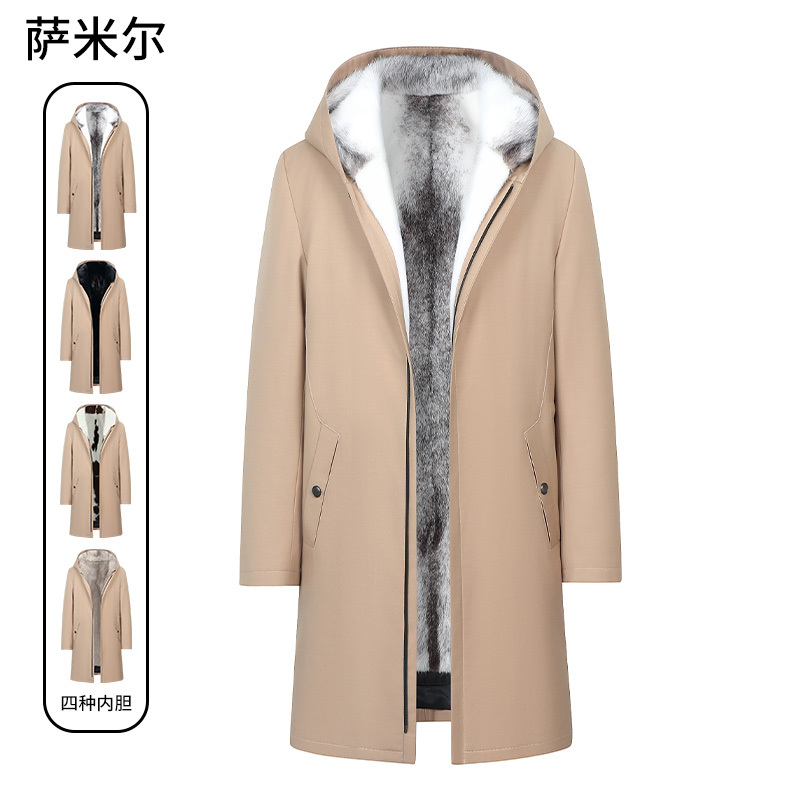 Haining Long Hooded Casual Parka with Imported Mink Fur Lining, Men's Mink Coat with Cross Mink Fur