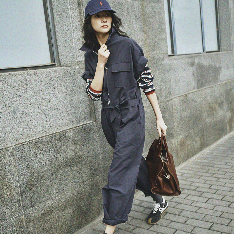 Yvone Liu Commuting Workwear Style Jumpsuit for Women, Distressed Blue Long Pants, Slimming Waist, Lazy Style Jumpsuit