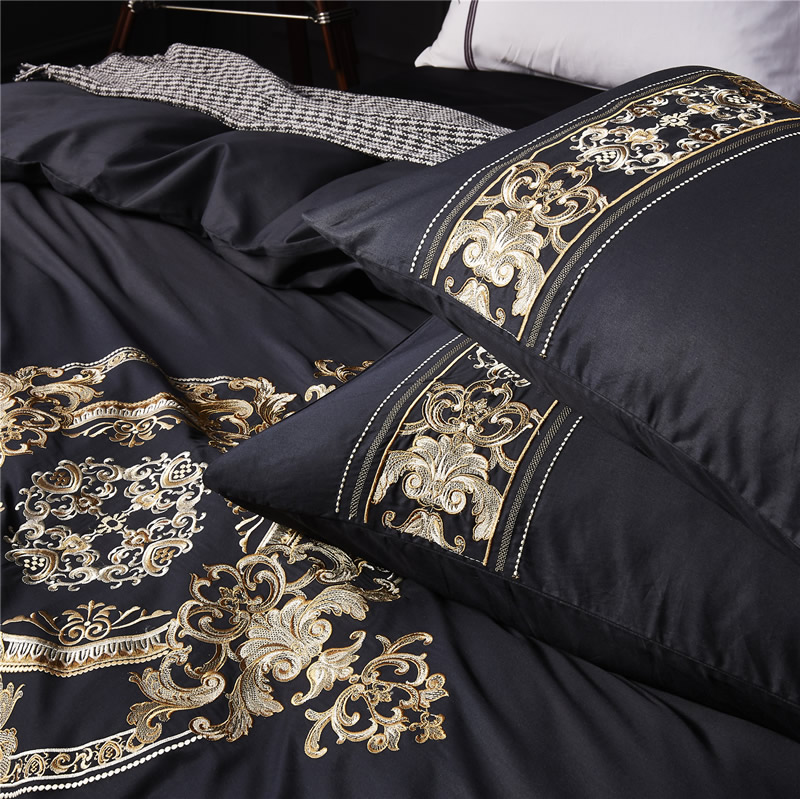 Tide thương hiệu châu Âu và Mỹ phong cách thêu bông denim đen satin 60 mét giường 1.8m bông áp dụng tờ - Bộ đồ giường bốn mảnh chăn ga cưới