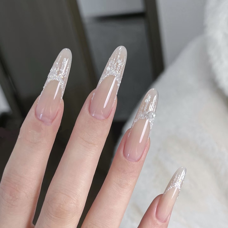 Purely Handmade Wearable Nails with a High-End Feel, Brightening Effect, Long Style for Spring and Summer, Nude Color Gradient, French Style, Sparkling Fairy-Like, Detachable