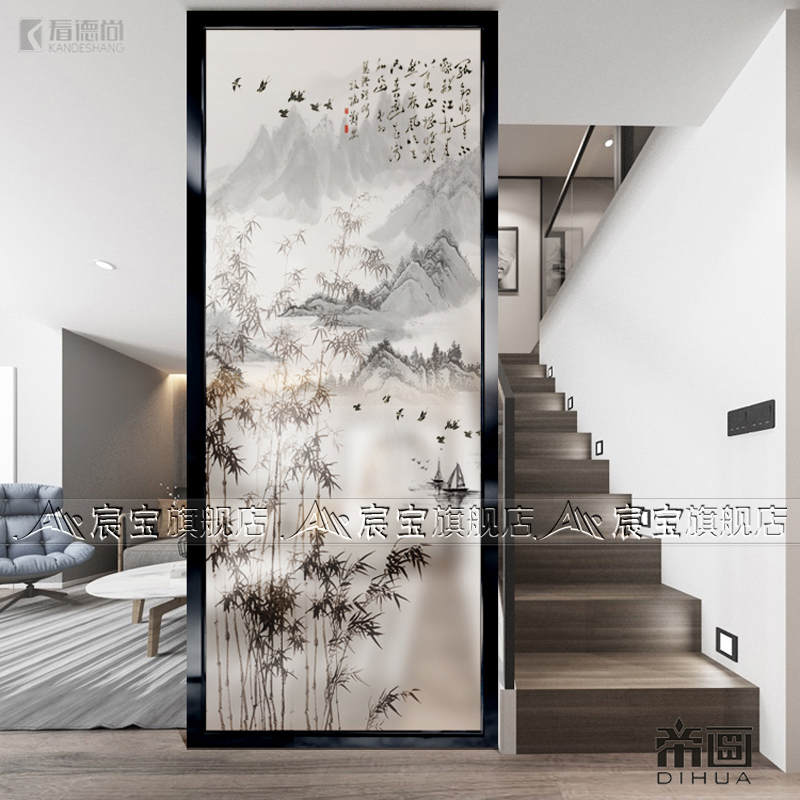 Chinese style living room background wall screen partition Xuanguang shoe cabinet bamboo landscape painting