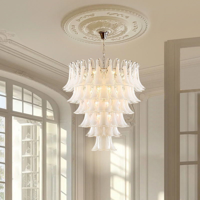 French-Style Light Luxury Villa Staircase with a Suspended Living Room, Murano Vintage Dining Room, Master Bedroom, and Horseshoe Petal Chandelier