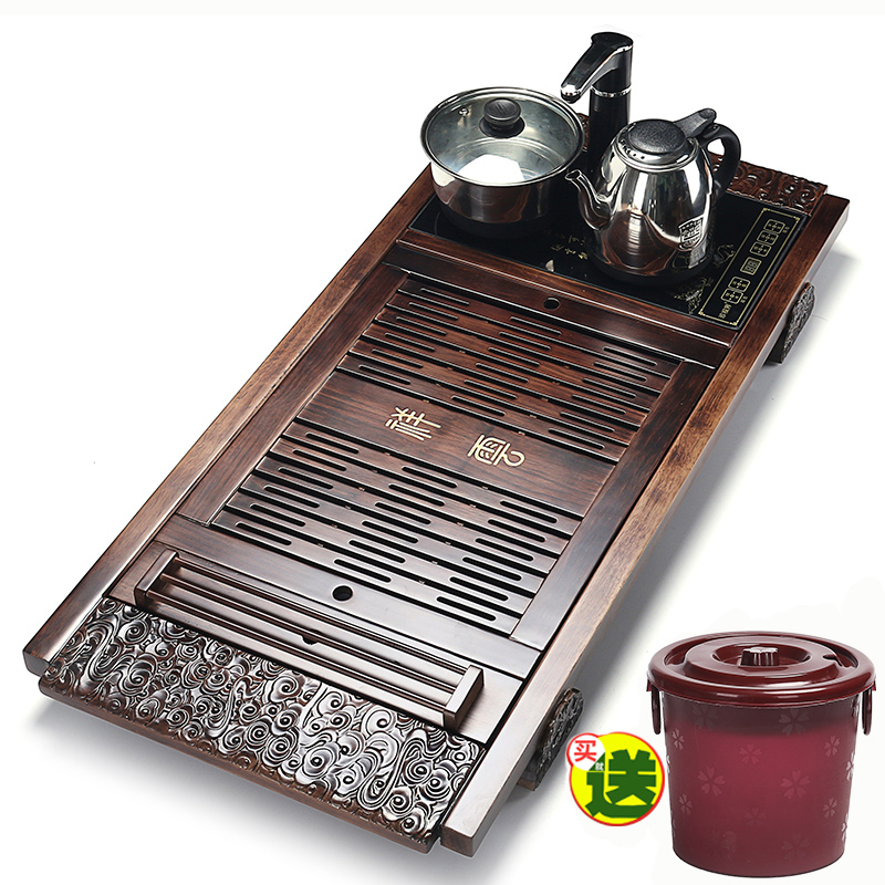 Quiet life Four-in-one household tea tray Solid wood Kung Fu tea table drainage Bamboo and wood tea tray Electric magnetic stove