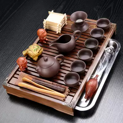 Purple sand ceramic Kung Fu tea set set Household small teacup Office solid wood small tea tray Drawer type tea table set