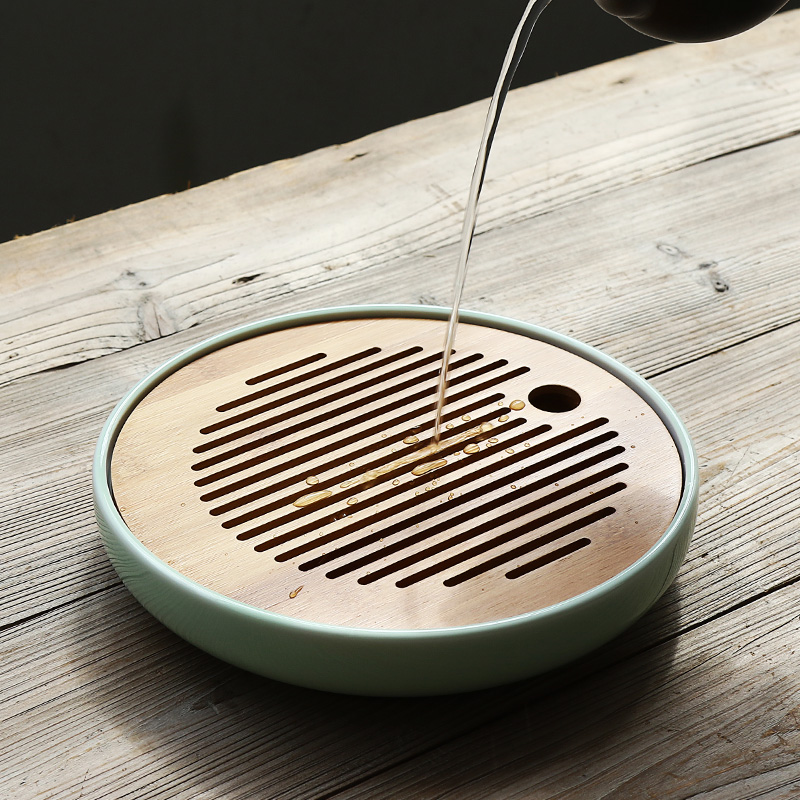 Ceramic Japanese Tea Tray Round Size Bamboo Mini Water Storage Tea Sea Dry Brewing Table Tray Kung Fu Tea Set