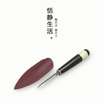 Quiet Puer tea knife Japanese Damascus steel Ebony sandalwood flower pattern steel tea Cone tea needle leather case packaging