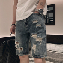 2021 new hole denim shorts mens summer loose trend casual pants Net Red Tide brand Joker five-point pants