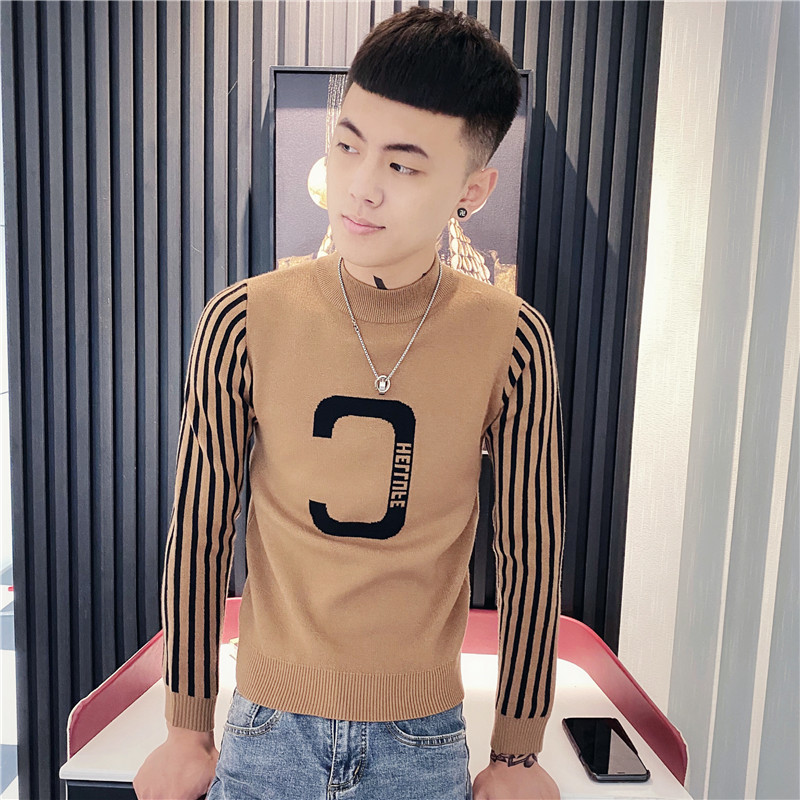 Striped Knit Men 2021 Autumn and Winter Trend Joker Slim Sweater Tide Brand Handsome Casual base shirt Top