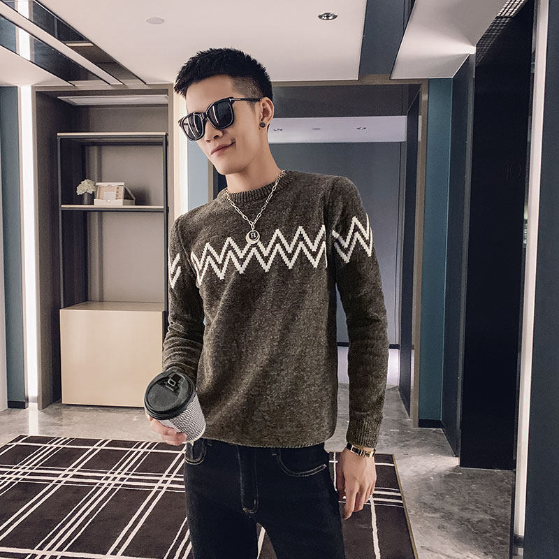 Autumn and winter round neck knitted sweater men Korean version of the trend 2019 new spirit guy personality long sleeve base shirt