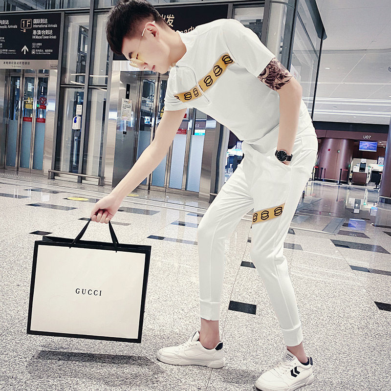 Spiritual guy a handsome summer Tide brand trend casual pants two-piece social people short-sleeved T-shirt men