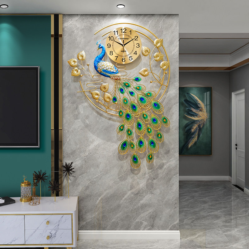 Clock living room wall clock home fashion peacock creative watch hanging wall muted quartz clock European style light luxury decorative clock