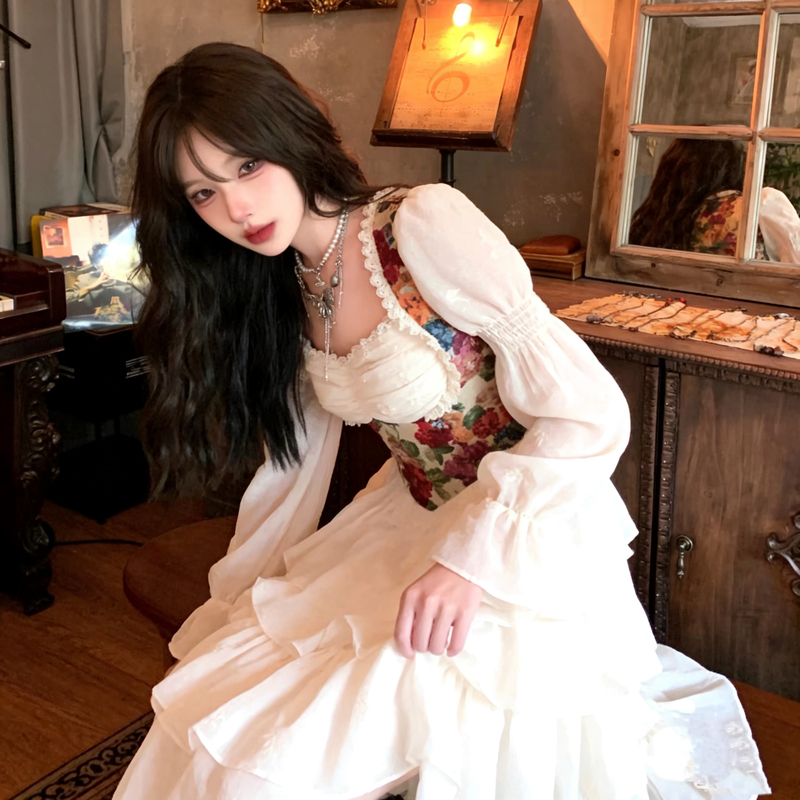 Fugitive Princess Palace Style Oil Painting Dress Spring and Autumn New French Light Luxury Cake Dress High-End Fairy Birthday Dress
