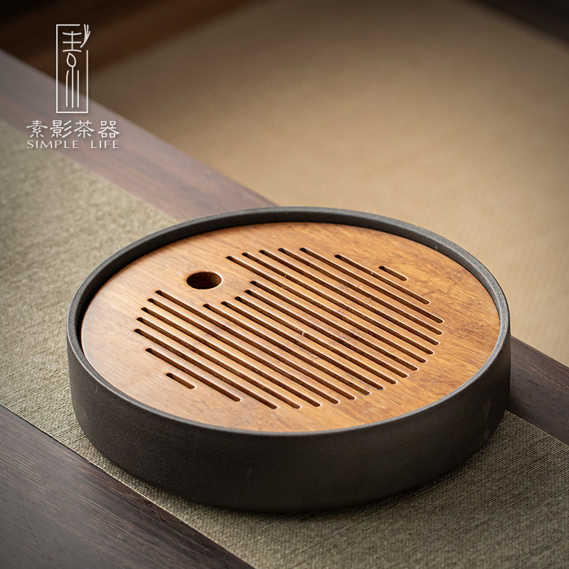 Small tea tray Household drain heavy bamboo tray Tea table For one person Simple round water storage tea set Tea sea dry bubble table