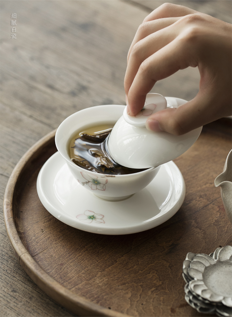 Plain film dehua white porcelain only three tureen tea bowl of Japanese kung fu tea set li, peach blossom put large tea cup