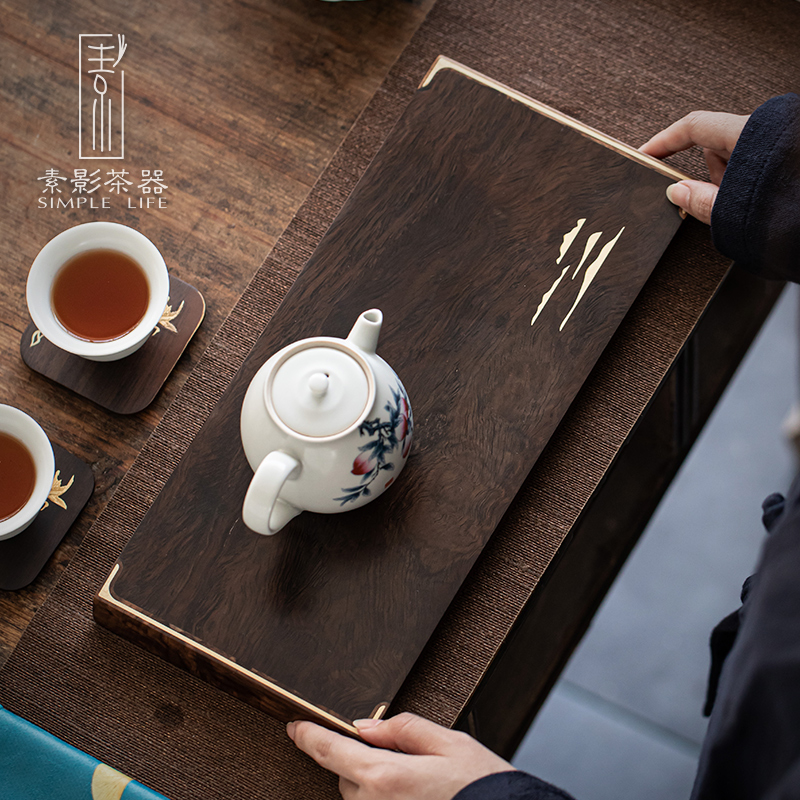 Plain film, the whole piece of solid wood tea tray ebony inlaid copper small tea table teahouse dry plate of Japanese contracted tray bearing pot