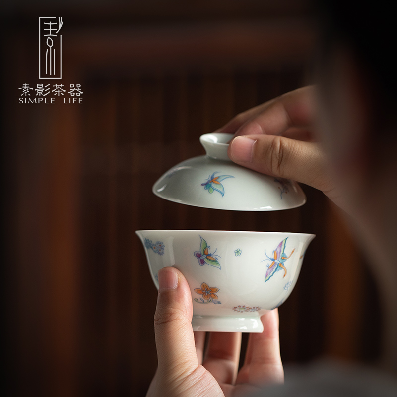 Ancient Green Glaze Butterfly Lovers 2 only cover bowl single Kung Fu Ceramic Tea Tea tea Tea Tea Tea Bowl Not Scalding Hands-Taobao