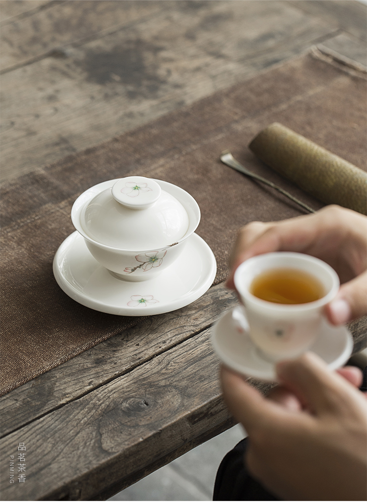 Plain film dehua white porcelain only three tureen tea bowl of Japanese kung fu tea set li, peach blossom put large tea cup